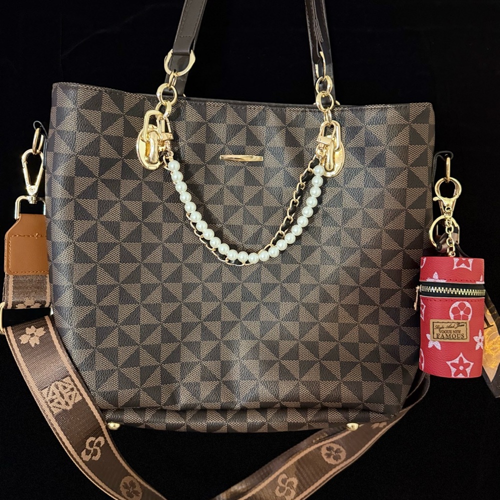 Elegant Brown Patterned Handbag with Gold Accents